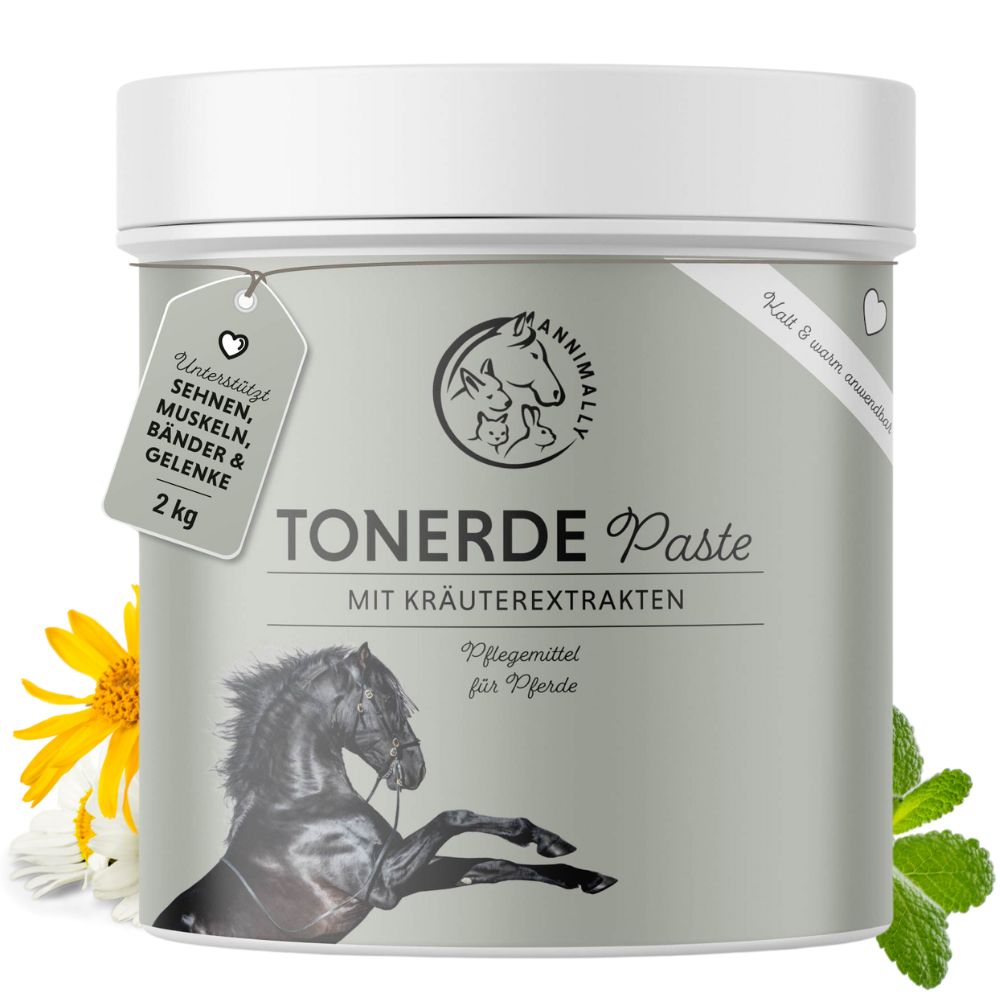 Zylinderdose mit Deckel. Aufschrift: TONERDE Paste, Kräuterextrakten. Anhänger: Unterstützt Sehnen, Muskeln, Bänder & Gelenke. Logo: Annimally. 2 kg.