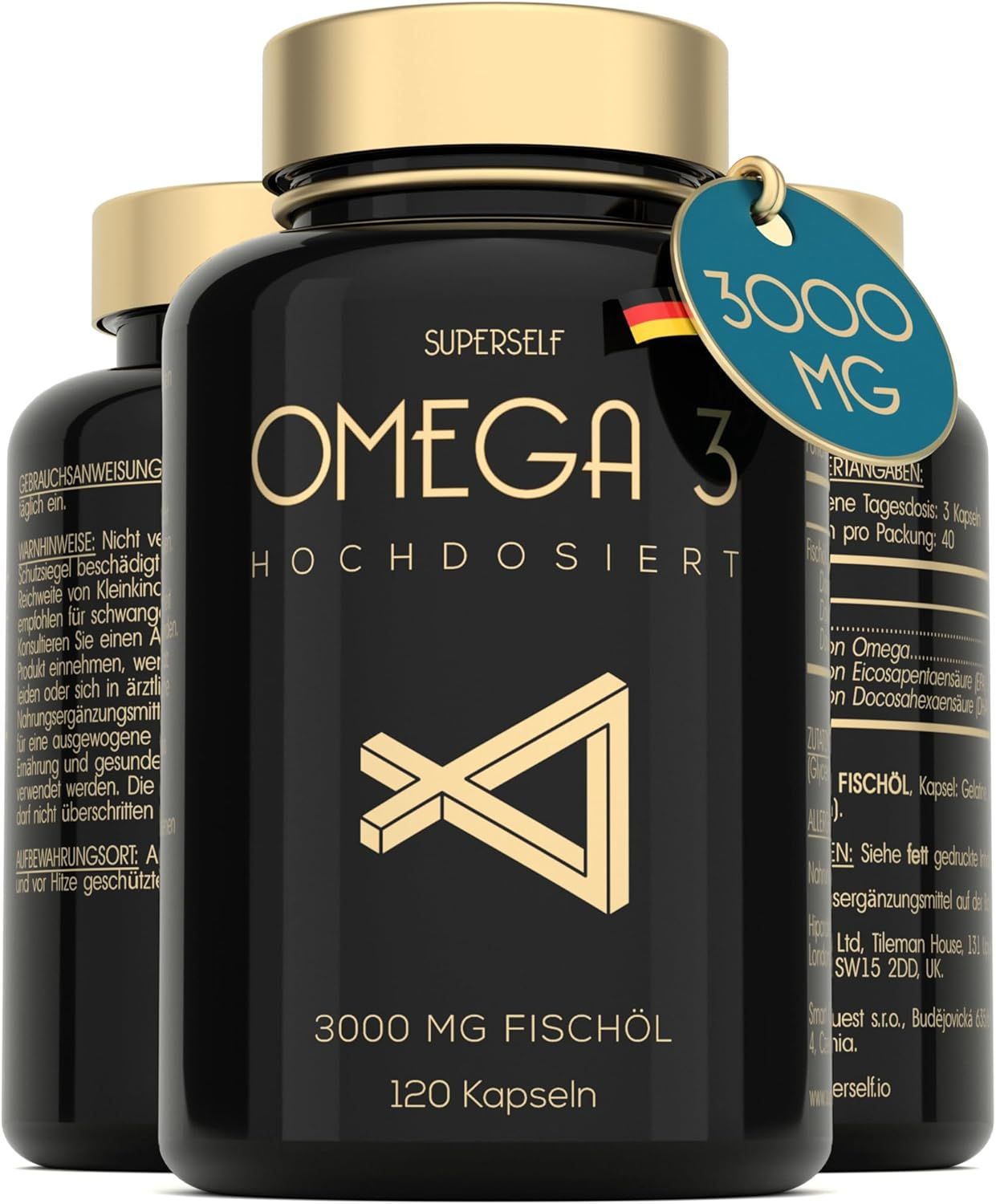 Drei Produktflaschen. Text: SuperSelf Omega 3, 3000 mg Fischöl, 120 Kapseln. Schwarze Flaschen mit goldenen Deckeln.