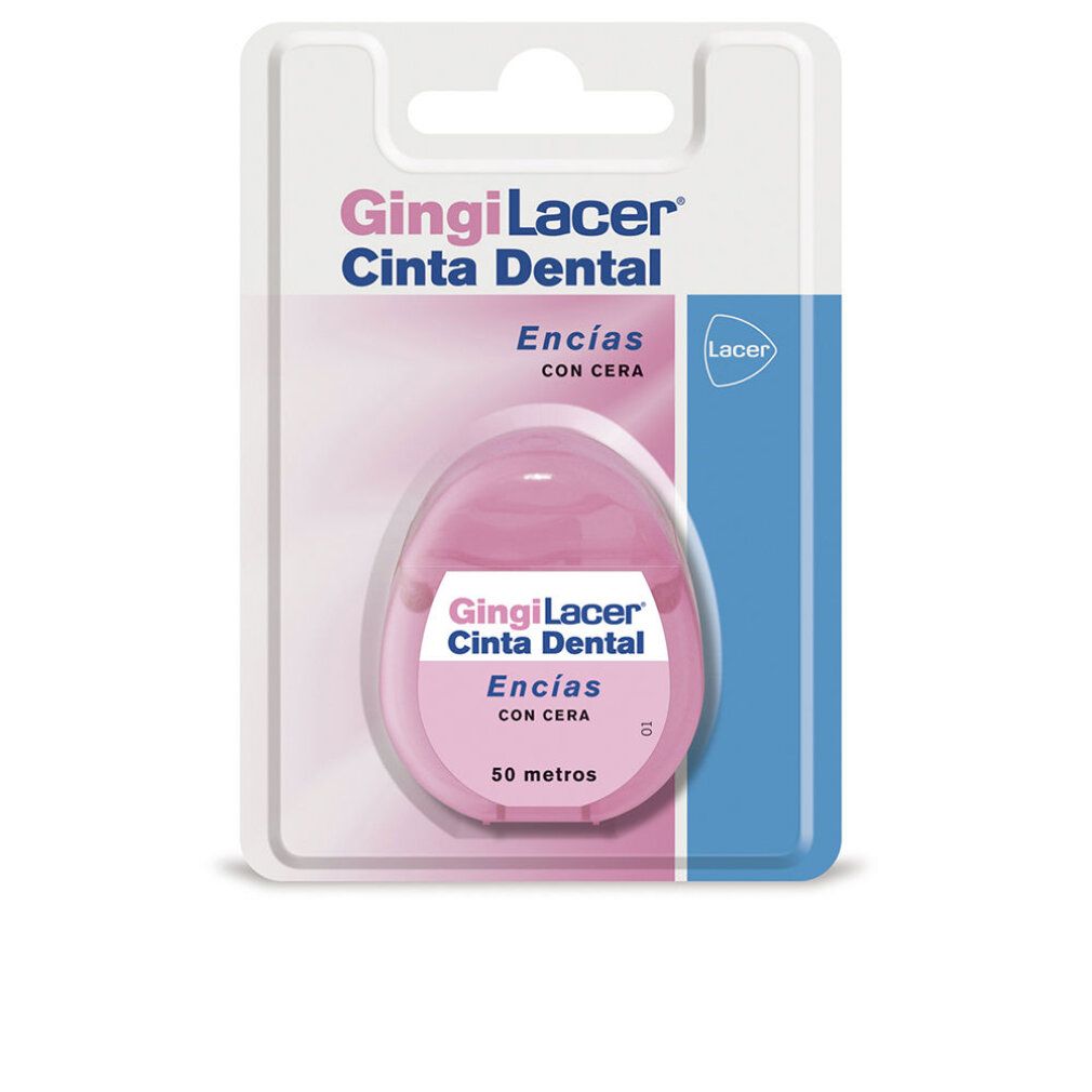 Zahnseide in rosa Spenderverpackung. Produktname und Text in Spanisch. Verpackung mit Aufhängevorrichtung.