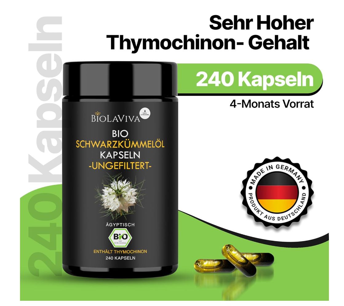 Schwarze Kapsel-Dose mit Text. Aufschrift: Sehr hoher Thymochinon-Gehalt, 240 Kapseln, 4-Monats-Vorrat. Made in Germany.