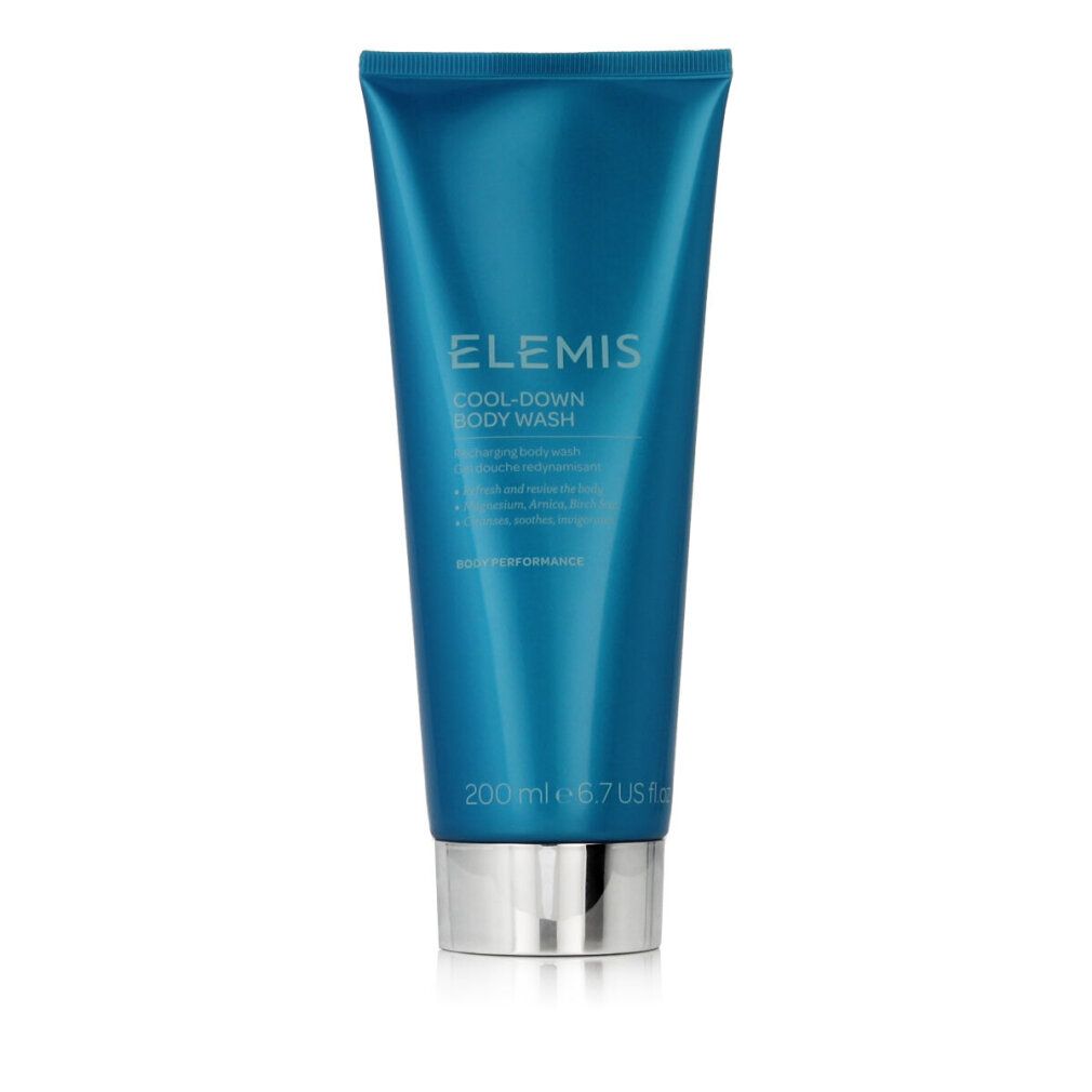 Blau-türkisfarbene Tube mit silbernem Verschluss. Aufschrift: Elemis Cool-Down Body Wash. Volumen: 200 ml.