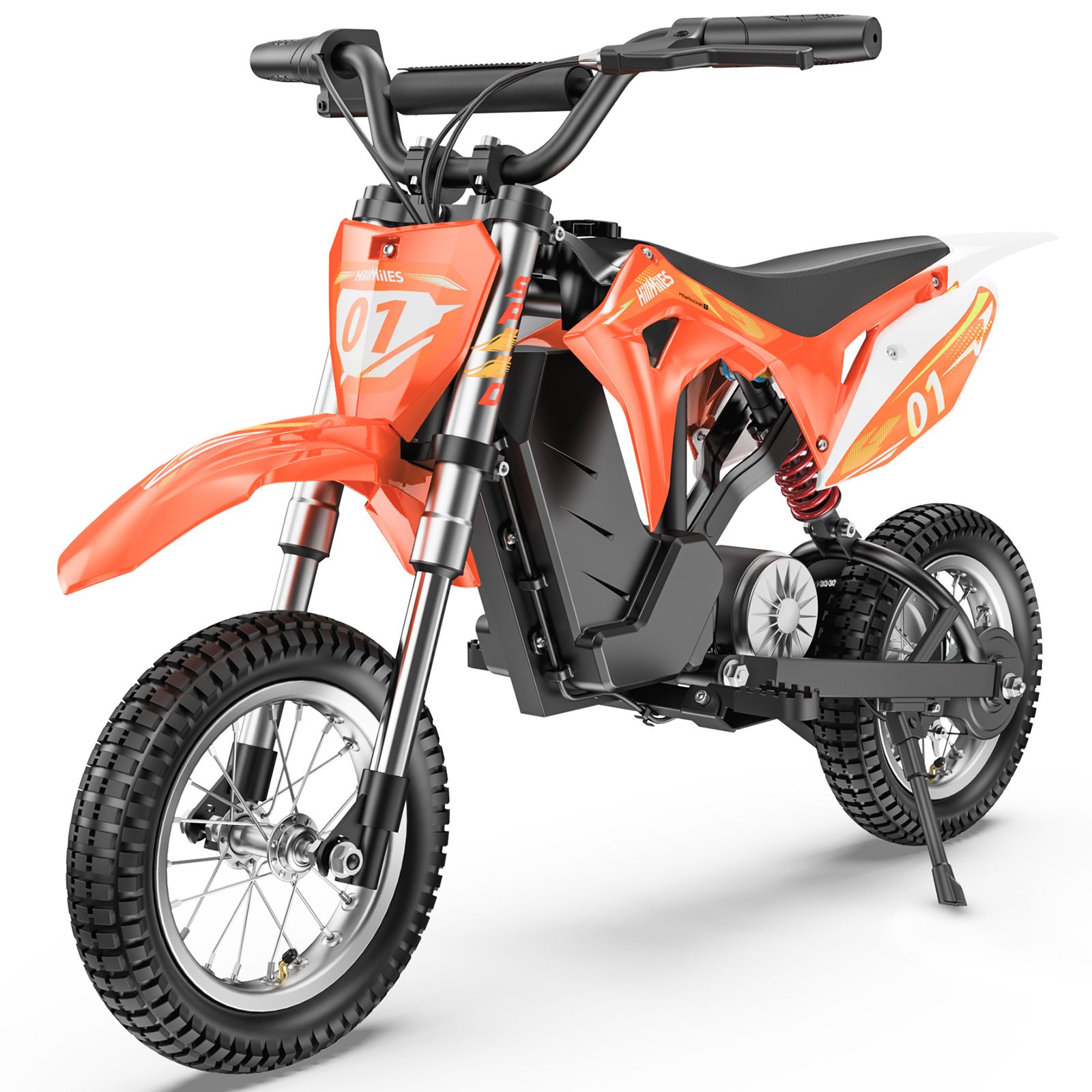 Orangefarbenes Elektro-Motorrad für Kinder. Schwarze Reifen, Lenker und Sitz. Weiße und schwarze Details. Nummer 01.