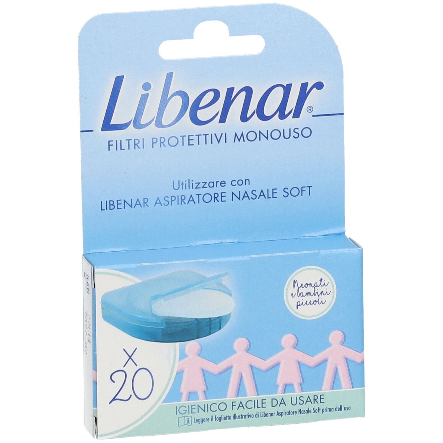 Confezione Libenar Filtri Protettivi Monouso. Scatola blu con immagine e testo. Contiene 20 pezzi. Per neonati.