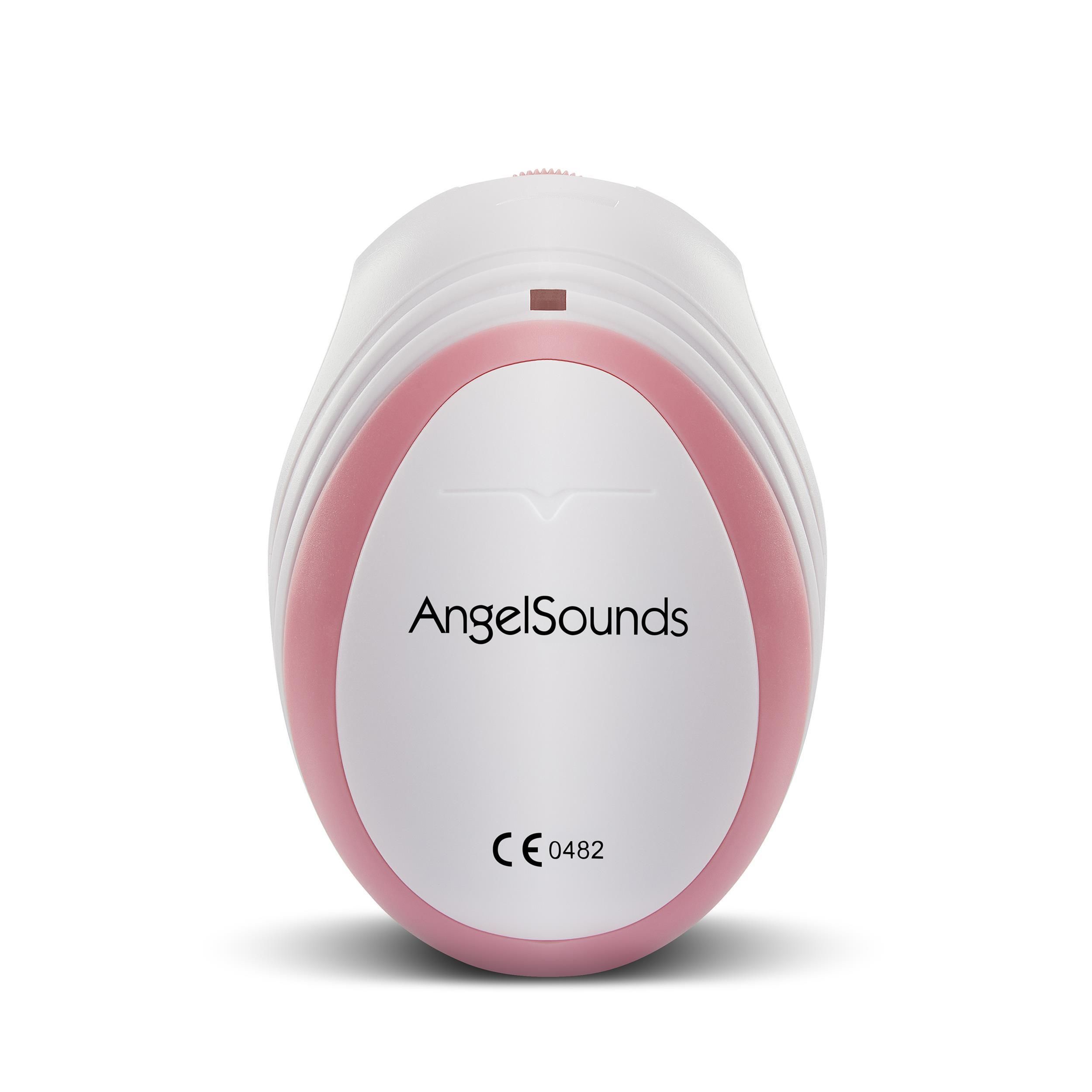Gerät in Weiß und Pink mit AngelSounds-Logo und CE-Kennzeichnung. Abgerundete Form.