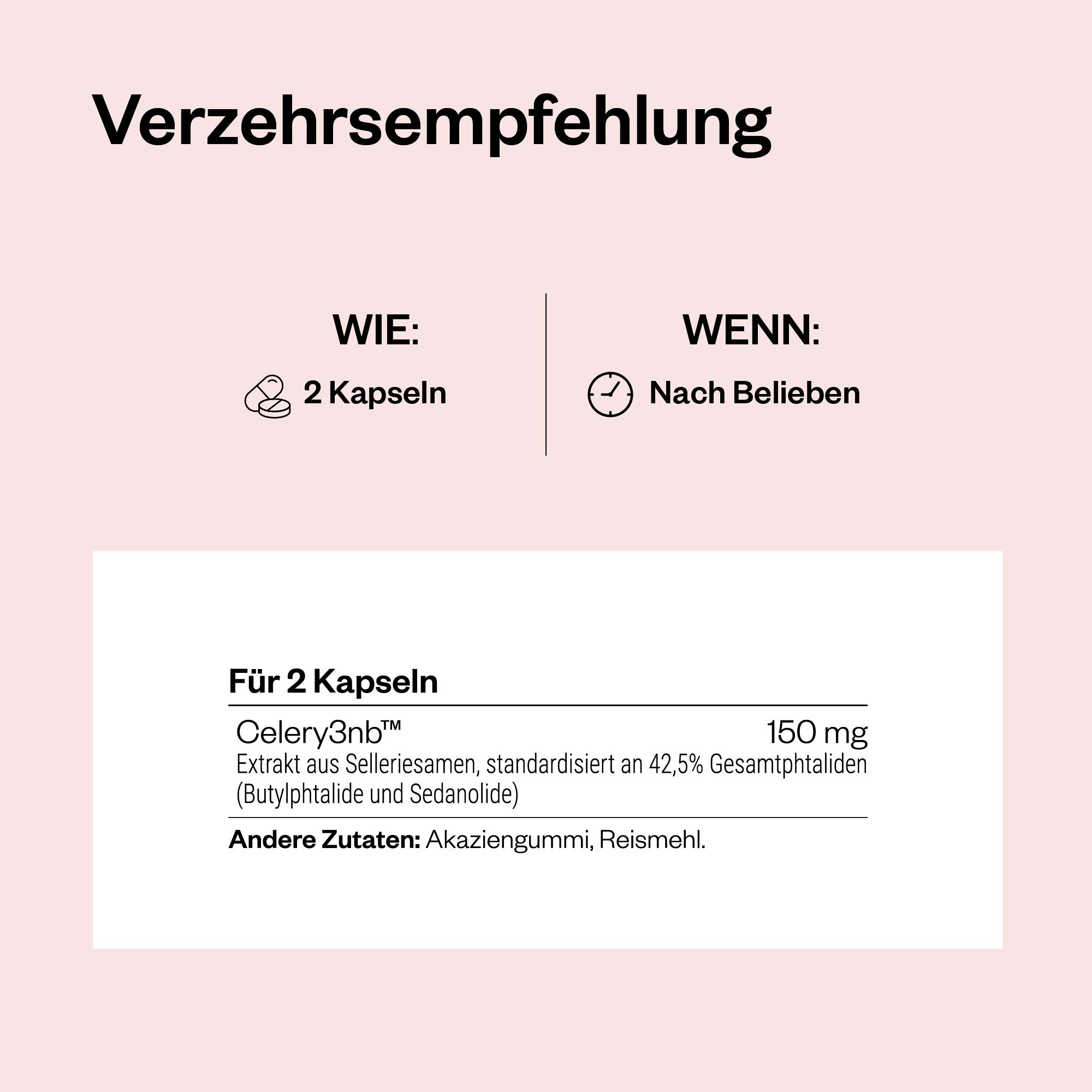 Text auf rosa Hintergrund. Dosierung: 2 Kapseln. Informationen für 2 Kapseln: 150 mg Celery3nb™-Extrakt, andere Zutaten.