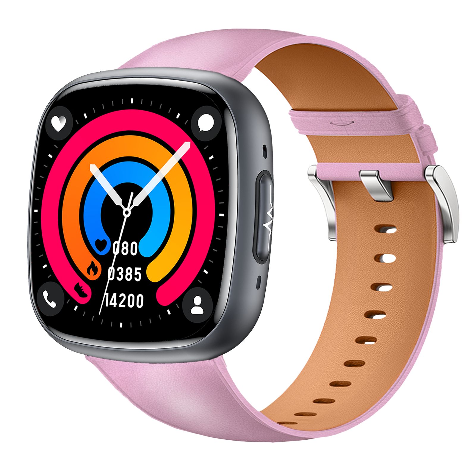 Smartwatch mit rosa Lederarmband. Farbdisplay mit Fitnessdaten. Graues Gehäuse, silberne Schnalle.