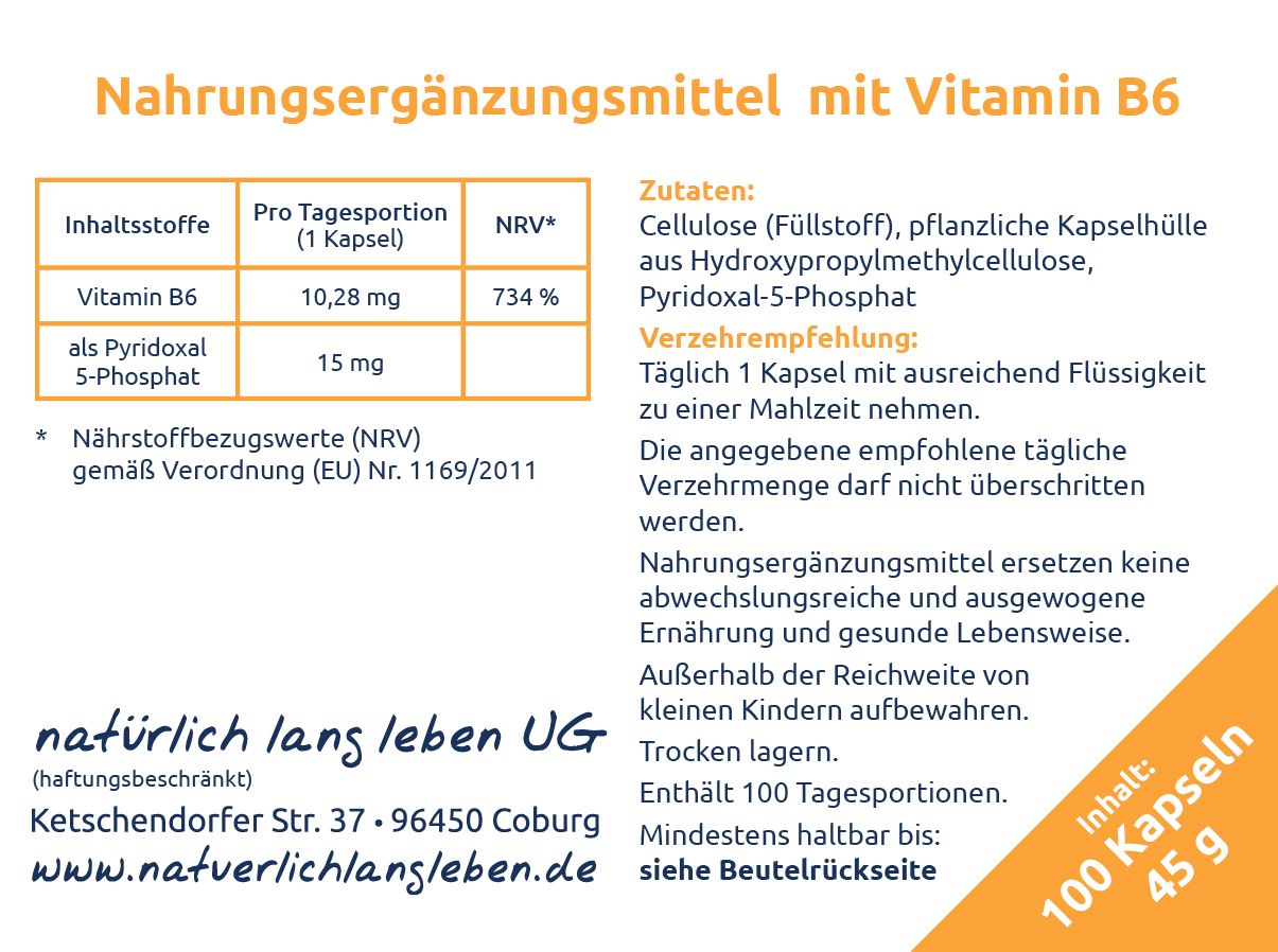 Nahrungsergänzungsmittel mit Vitamin B6, 100 Kapseln, 45 g.
