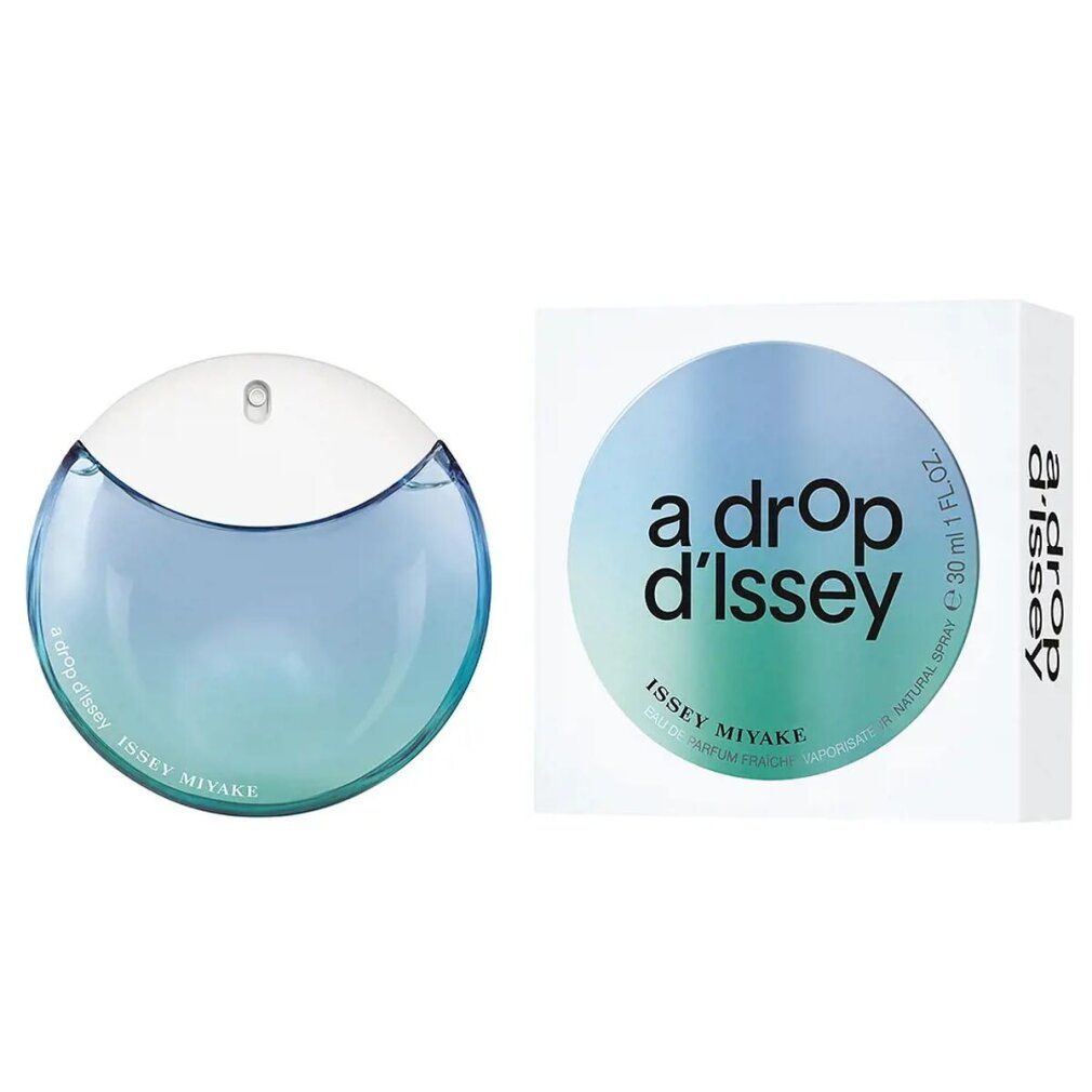 Runder Flakon und Verpackung. Flakon: blau-grüne Flüssigkeit, weißer Deckel. Verpackung: weiß, Aufschrift: a drop d'Issey.