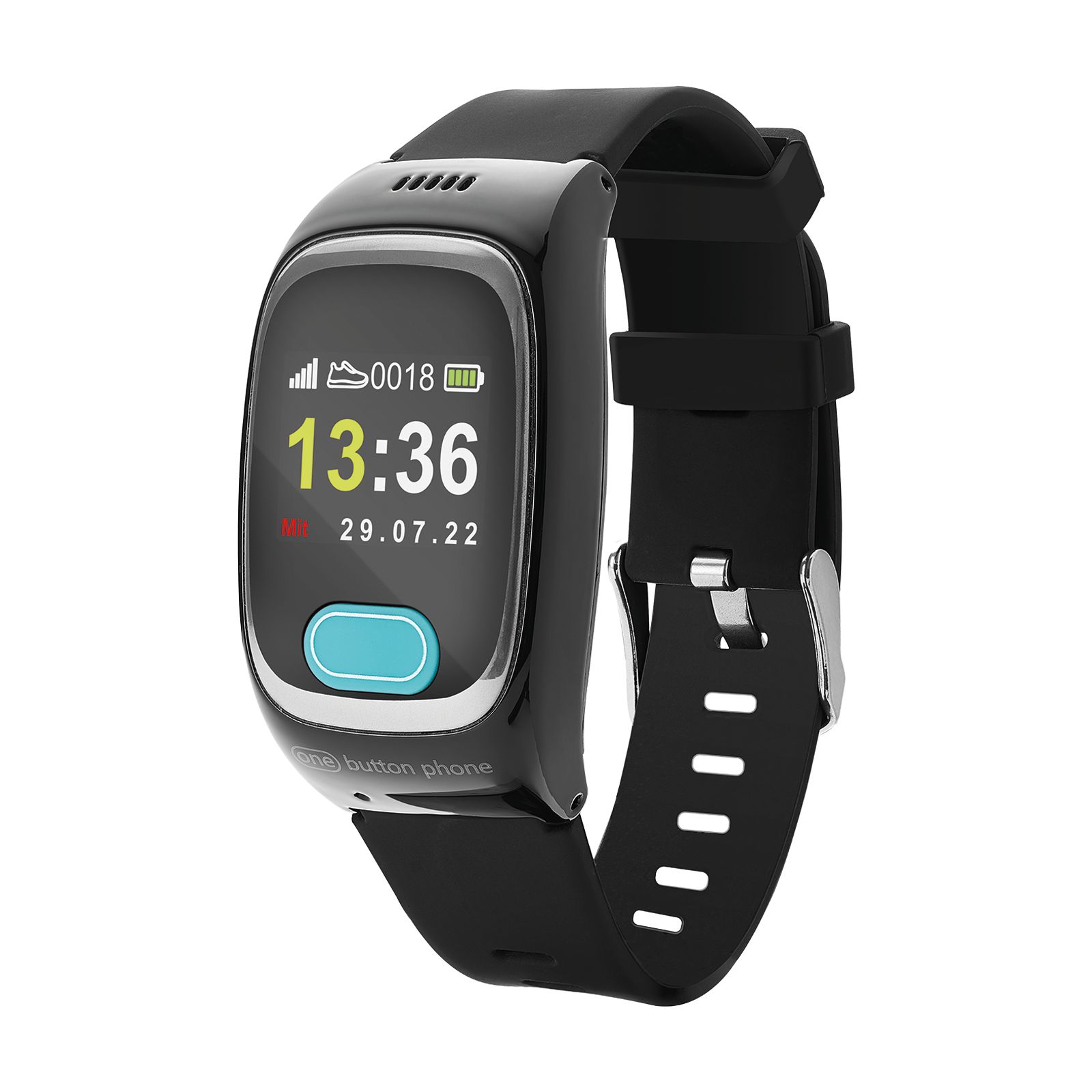 Schwarze Smartwatch mit Display. Zeigt Uhrzeit und Datum. Blauer Knopf unten. Produkt: One Button Phone.