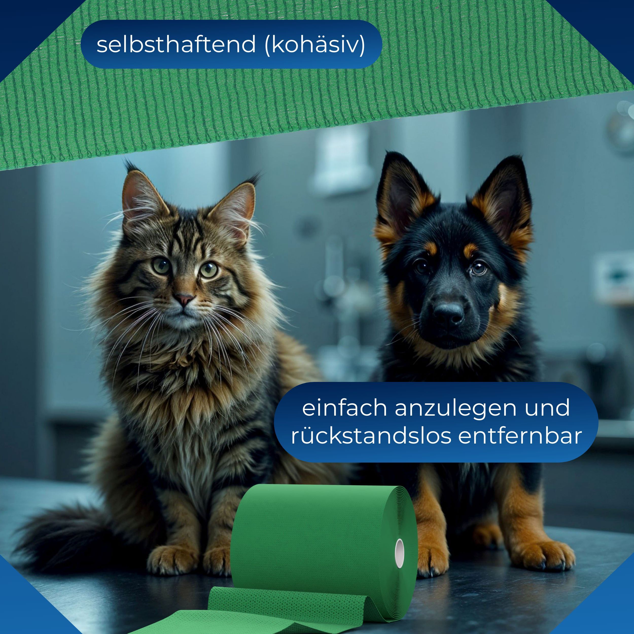 Grüne, kohäsive Fixierbinde, gerollt. Katze und Hund. Textboxen: selbsthaftend (kohäsiv), einfach anzulegen.