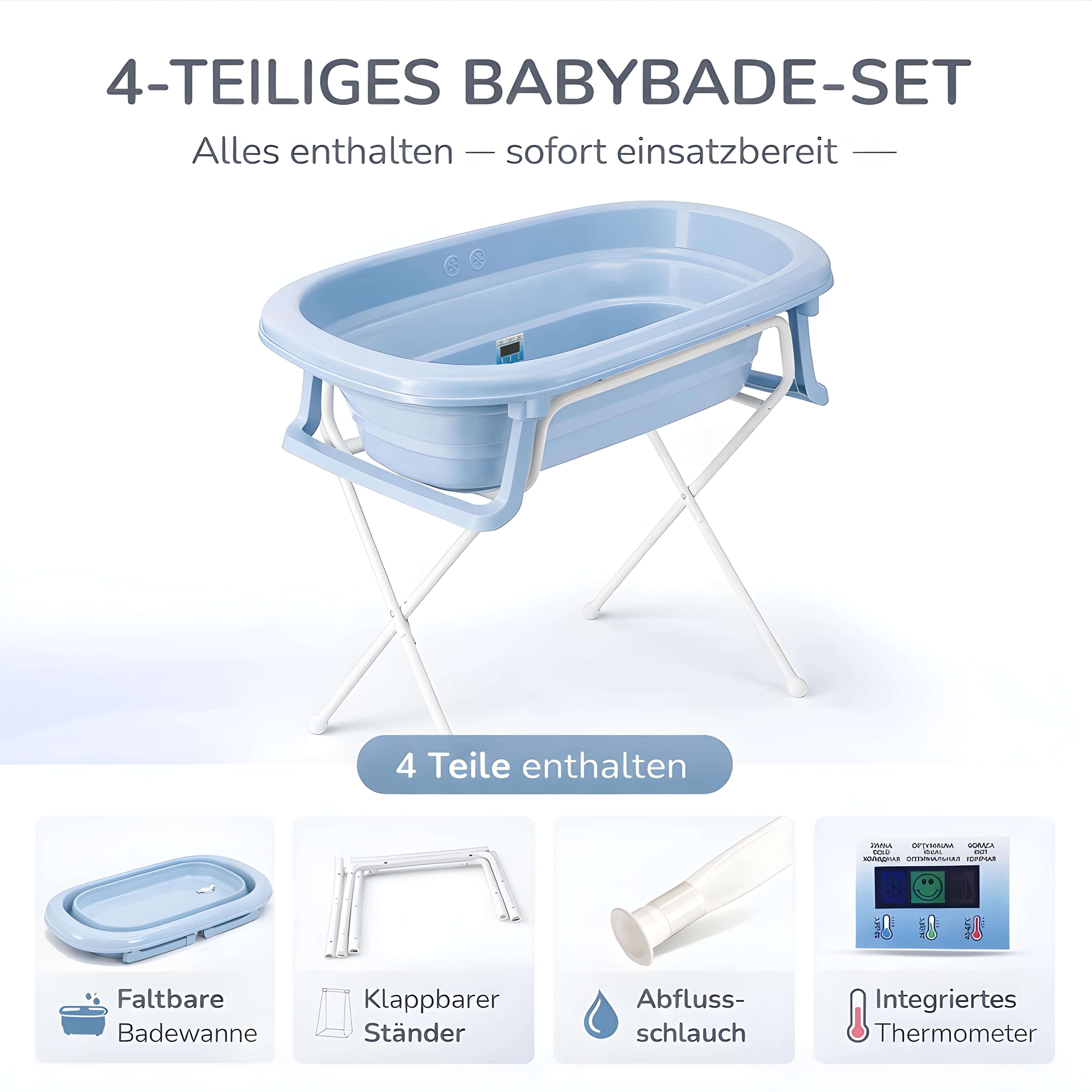 Baby Badewanne faltbar mit Ständer - Babywanne + Ständer + Abflussschlauch + Thermometer