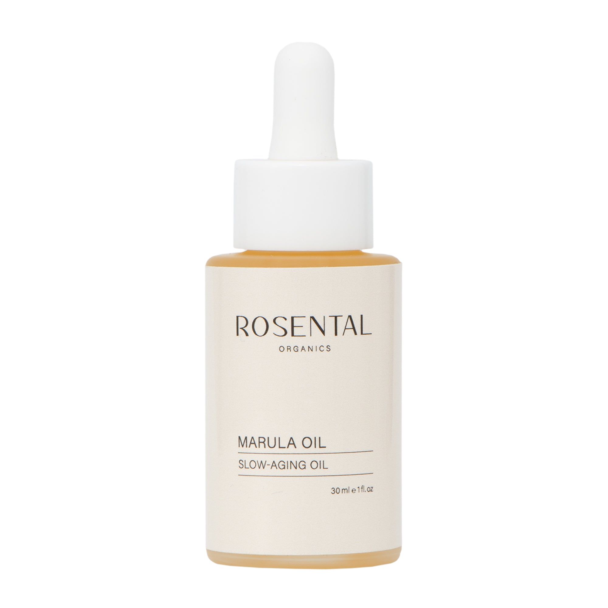 Rosental Organics Marula Oil Flasche mit Pipette. Weißer Deckel, beiges Etikett mit Produktnamen und Volumenangabe.