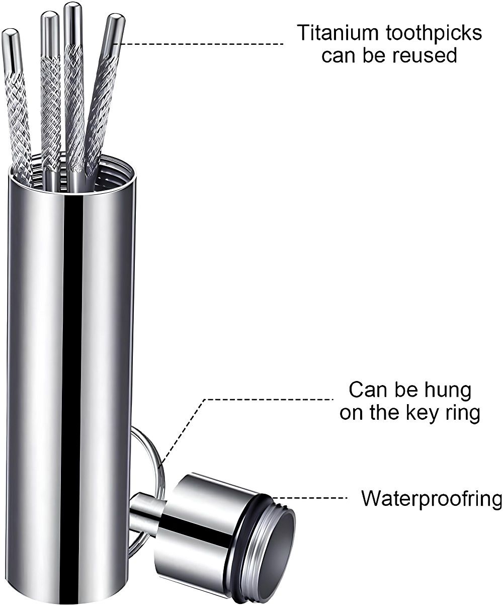 Zahnstocher-Set mit Behälter. Behälter mit Schraubverschluss und Schlüsselring. Zahnstocher aus Edelstahl. Text: "Titan-Zahnstocher können wiederverwendet werden".