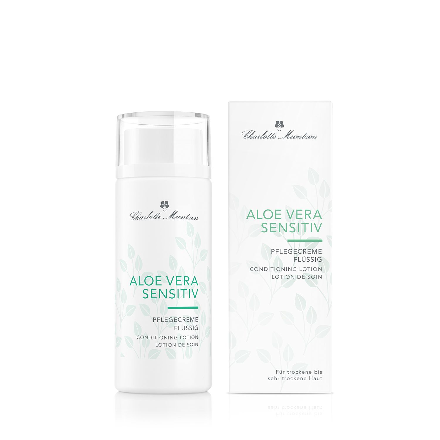 Produktflasche und Verpackung. Aufschrift: Aloe Vera Sensitiv, Pflegecreme flüssig. Für trockene bis sehr trockene Haut. Marke: Charlotte Meentzen.