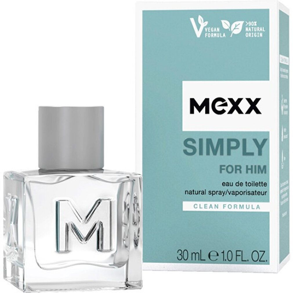 Glasflakon und Verpackung. Aufschrift: MEXX SIMPLY FOR HIM. Vegan Formula. 30 ml.