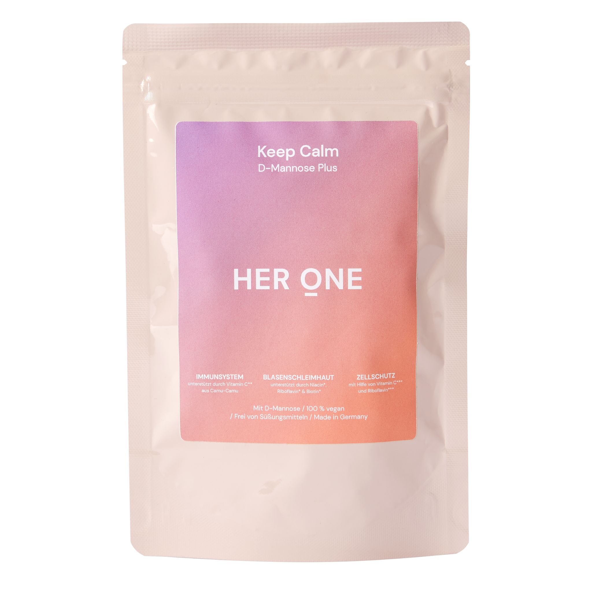 Beutel mit Aufdruck. Aufschrift: Keep Calm, D-Mannose Plus, HER ONE. Angaben zu Inhaltsstoffen und Herkunft.
