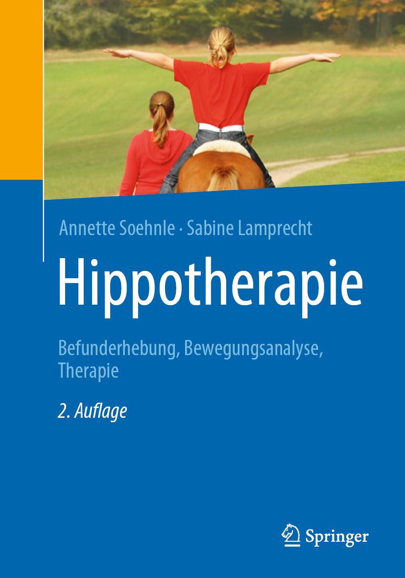 Buchcover mit Titel 'Hippotherapie'. Zwei Personen auf einem Pferd. Autorennamen und Verlagslogo Springer.