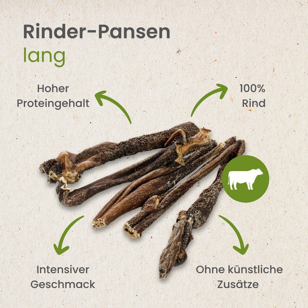 Rinderpansen lang: 100% Rind, hoher Proteingehalt, intensiver Geschmack.