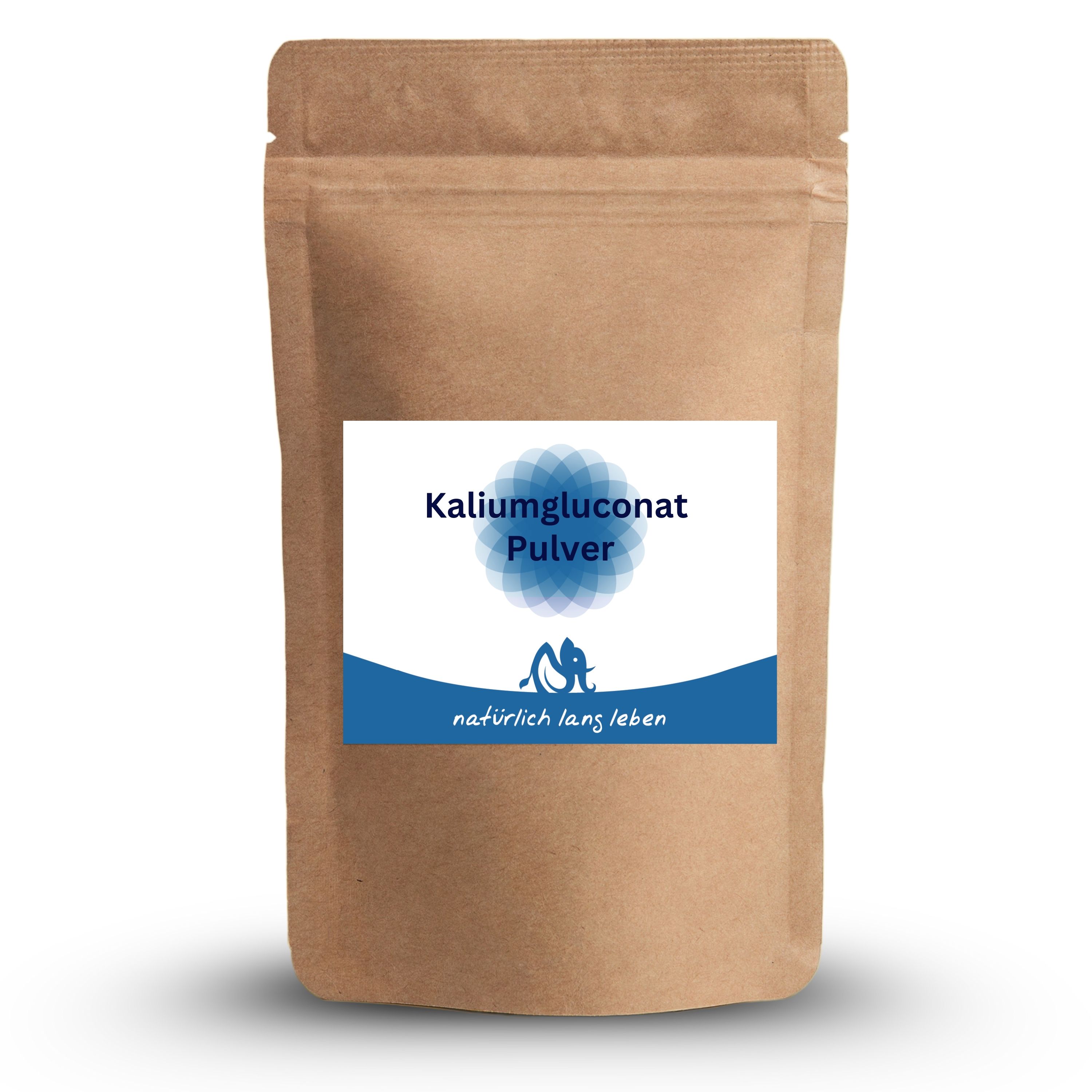 Braune Pulverbeutel mit blau-weißem Etikett. Aufschrift: Kaliumgluconat Pulver, natürlich lang leben. Siegelrandbeutel.