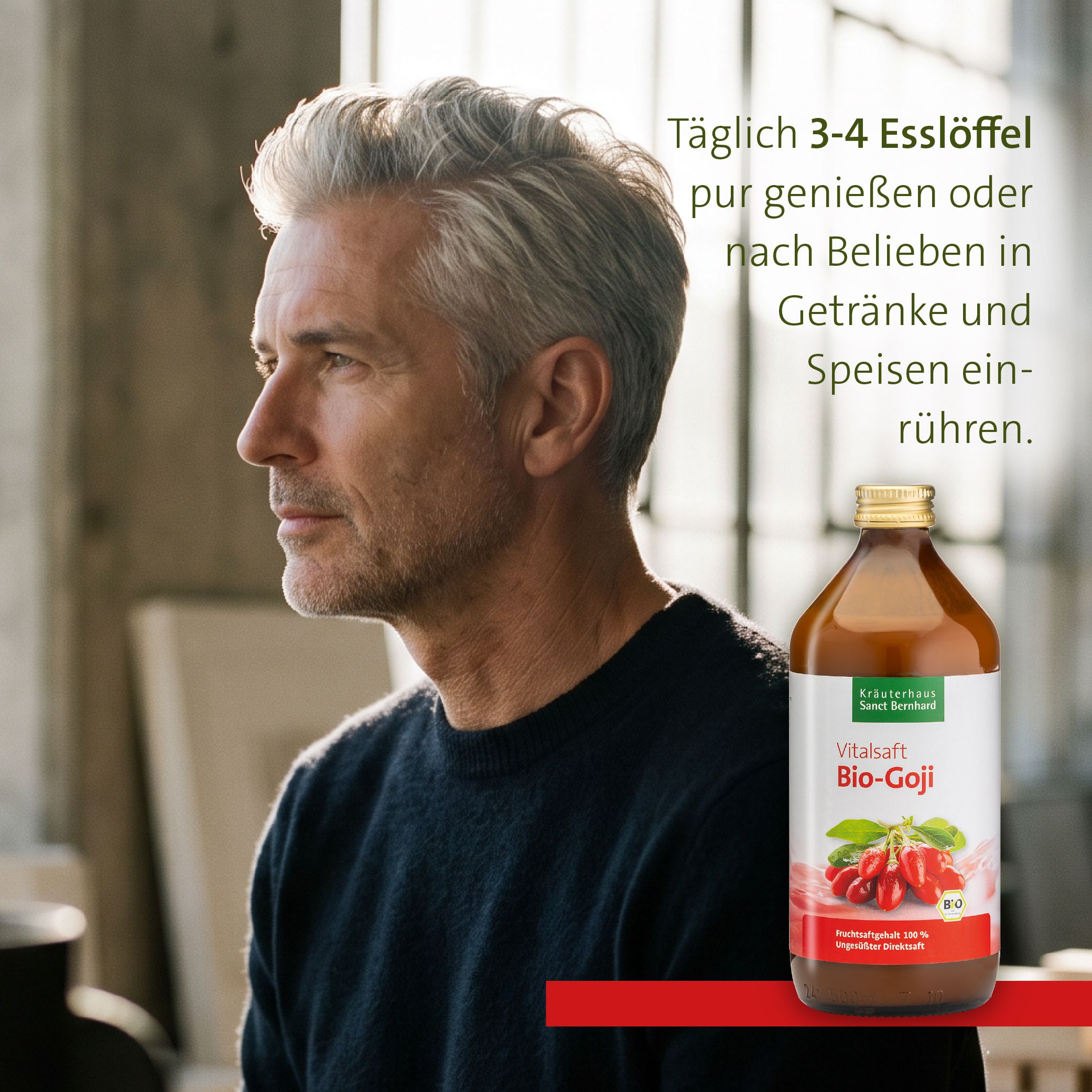 Mann blickt nachdenklich, daneben eine Flasche Bio-Goji-Vitalsaft von Kräuterhaus Sanct Bernhard.