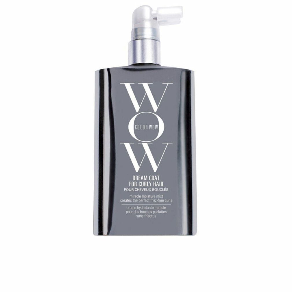 Graue Flasche mit Sprühkopf. Aufschrift: Color Wow, Dream Coat for Curly Hair. Text: Miracle moisture mist creates the perfect frizz-free curls.
