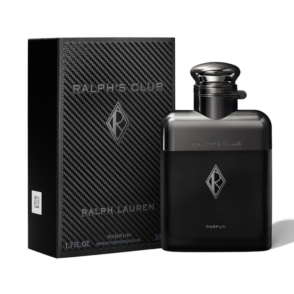 Schwarzer Flakon und Schachtel. Aufschrift RALPH'S CLUB, RALPH LAUREN, PARFUM. Flakon mit silbernem Verschluss und Logo.