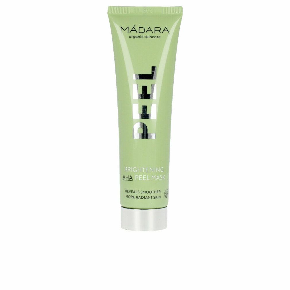 Grüne Tube mit Produktaufschrift. Marke: MÁDARA. Text: PEEL, Brightening AHA Peel Mask. Silberne Kappe.