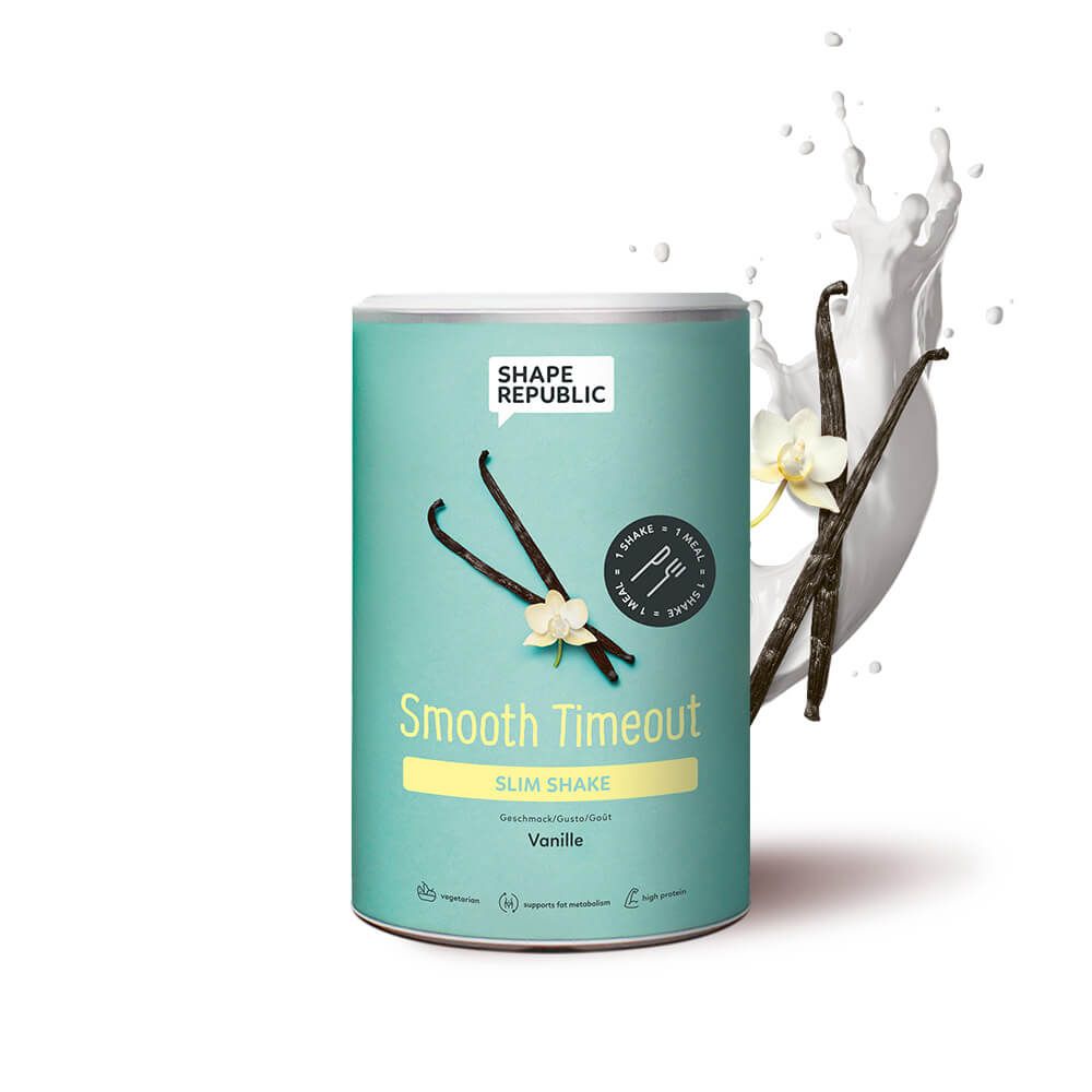 Türkis Dose mit "Shape Republic"-Logo, "Smooth Timeout Slim Shake"-Schriftzug, Vanilleschoten und Blüte. Milchspritzer im Hintergrund.