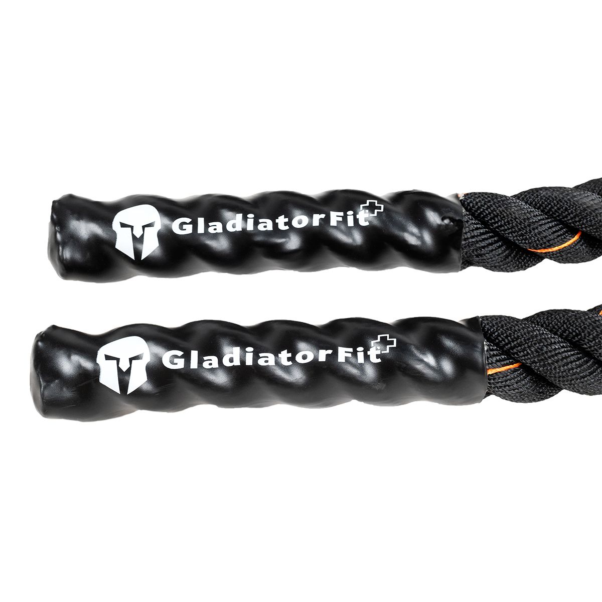 Schwarzes Kampfseil mit Griffen. Griffe mit GladiatorFit Logo. Wellenförmige Struktur.