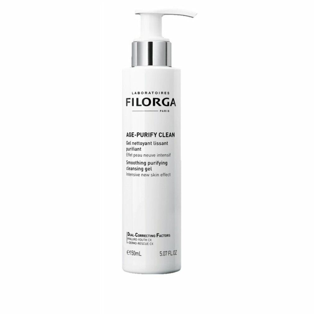 Weißes Filorga Age-Purify Reinigungs-Gesichtsgel mit Pumpverschluss. Text: Age-Purify Clean, Gel nettoyant lissant purifiant.