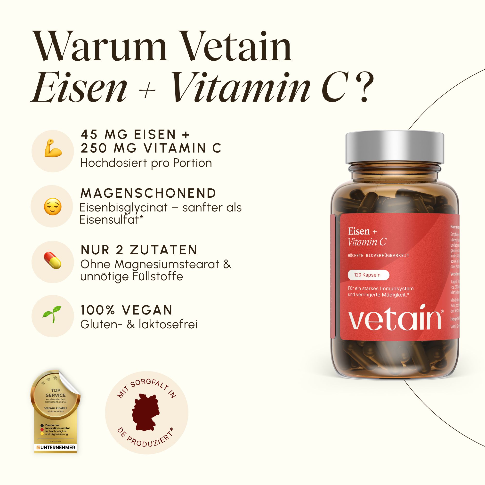 Flasche mit Eisen + Vitamin C Kapseln, "vetain" Marke.