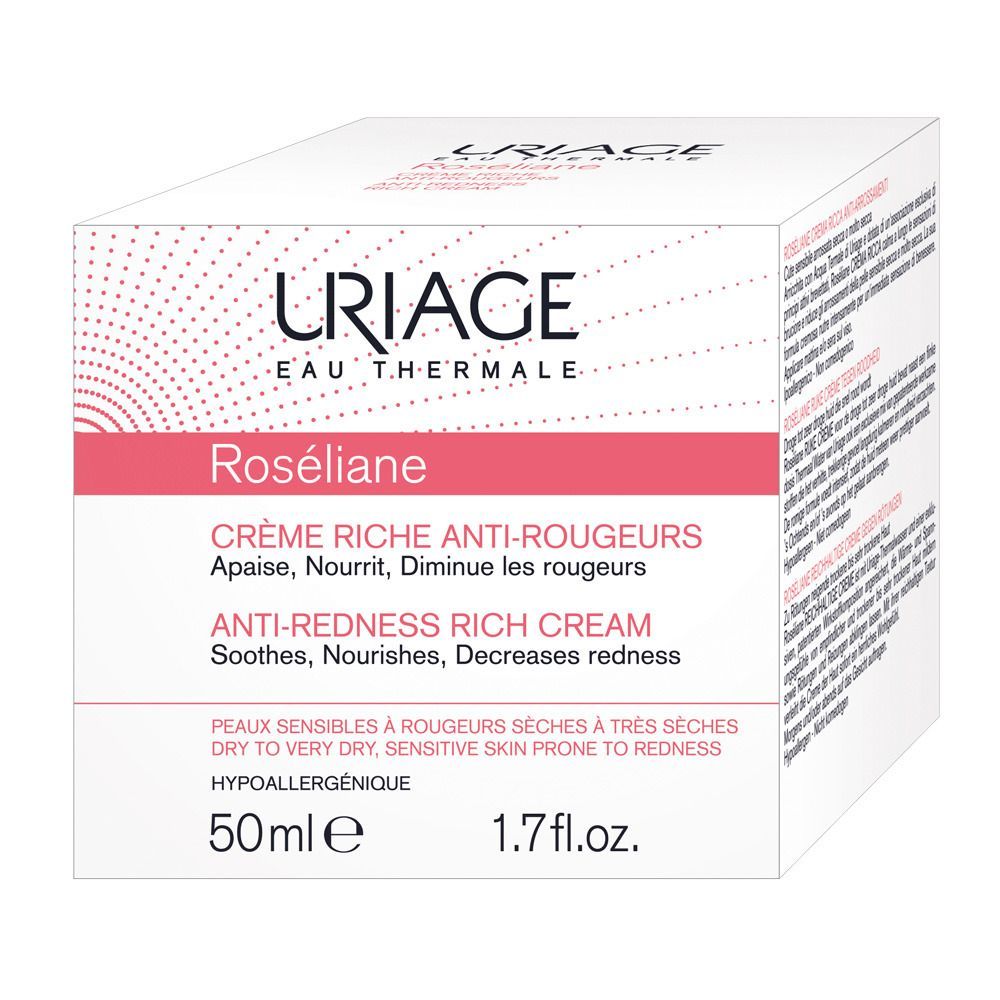 Weiße Schachtel mit URIAGE-Logo und Text: Roséliane, Crème riche anti-rougeurs. 50ml, 1.7 fl.oz. Hypoallergen.