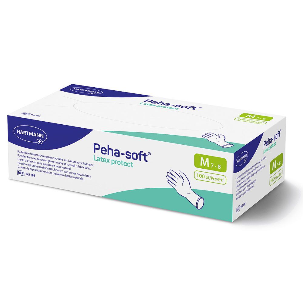 Weiße Box mit Handschuhen. Aufschrift: Peha-soft Latex protect, Größe M 7-8, 100 Stück. Marke Hartmann.