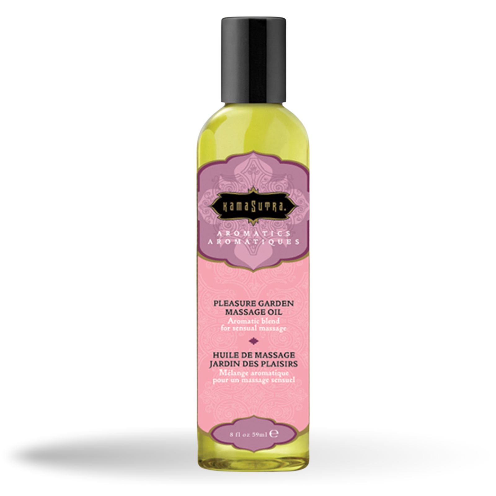 Massageöl-Flasche mit rosa Etikett. Text: Kamasutra, Aromatics, Pleasure Garden Massage Oil, Huile de massage Jardin des plaisirs.