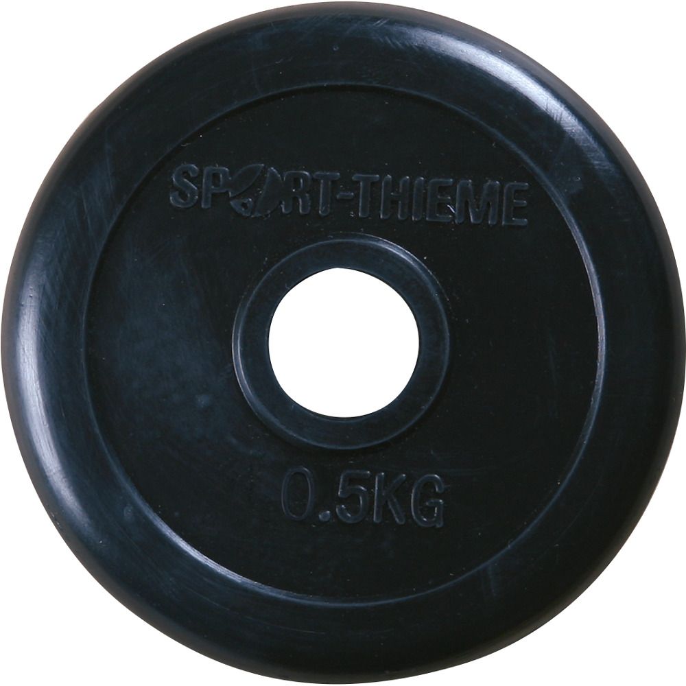 Schwarze Sport-Thieme Hantelscheibe, 0,5 kg. Runde Form mit zentraler Öffnung. Gummiert.