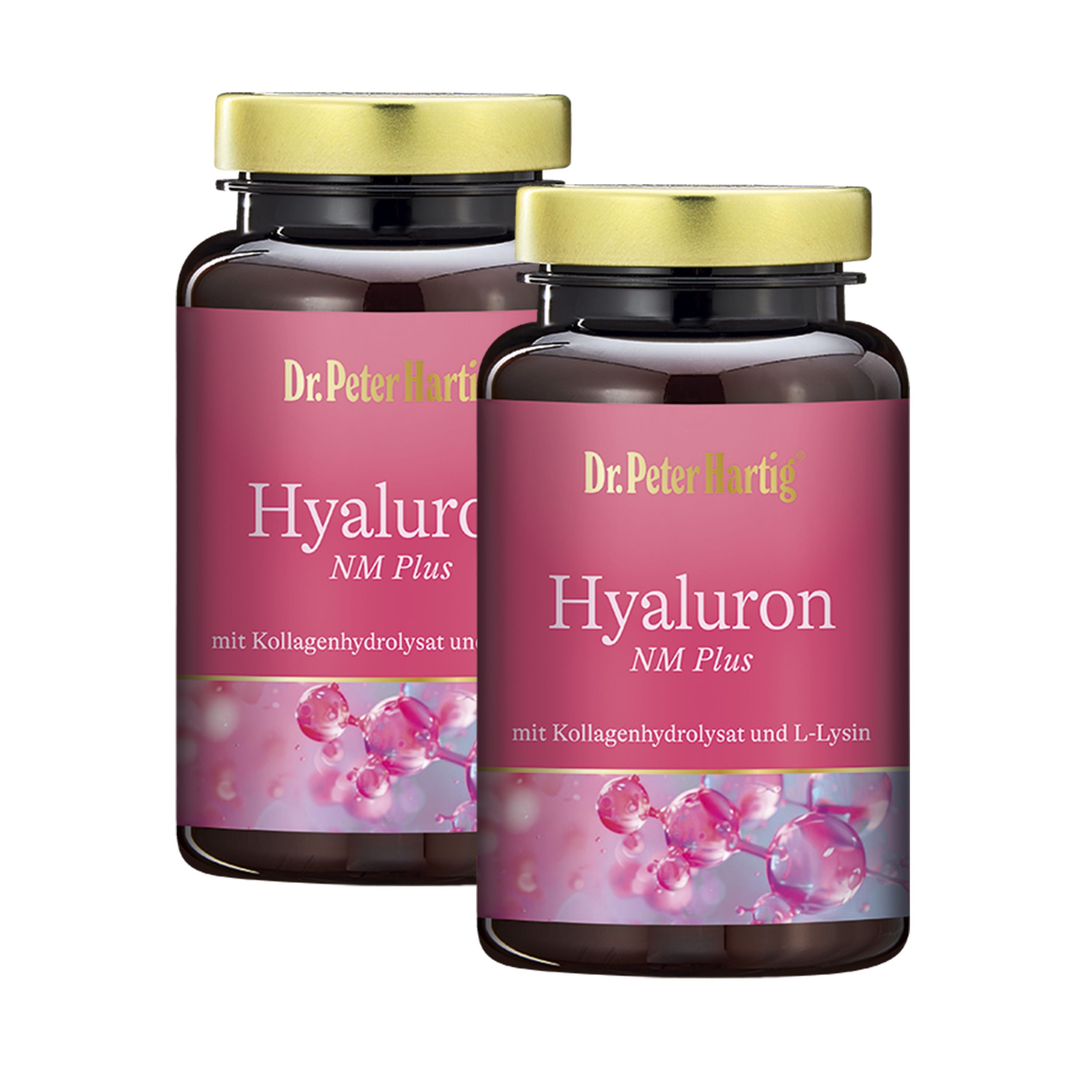 Zwei Flaschen Dr. Peter Hartig Hyaluron NM Plus. Braune Glasflaschen mit goldenen Deckeln und rosa Etiketten.