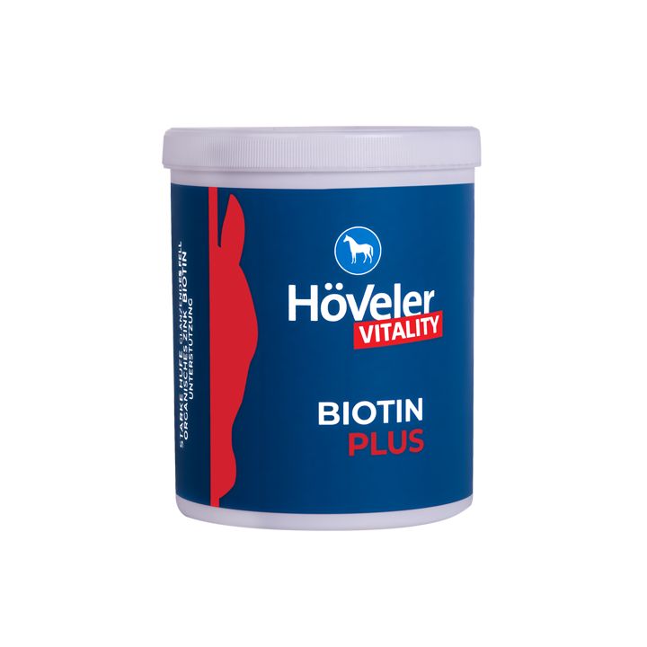 Höveler Biotin Plus Dose mit blauem Etikett und rotem Pferdesilhouette.