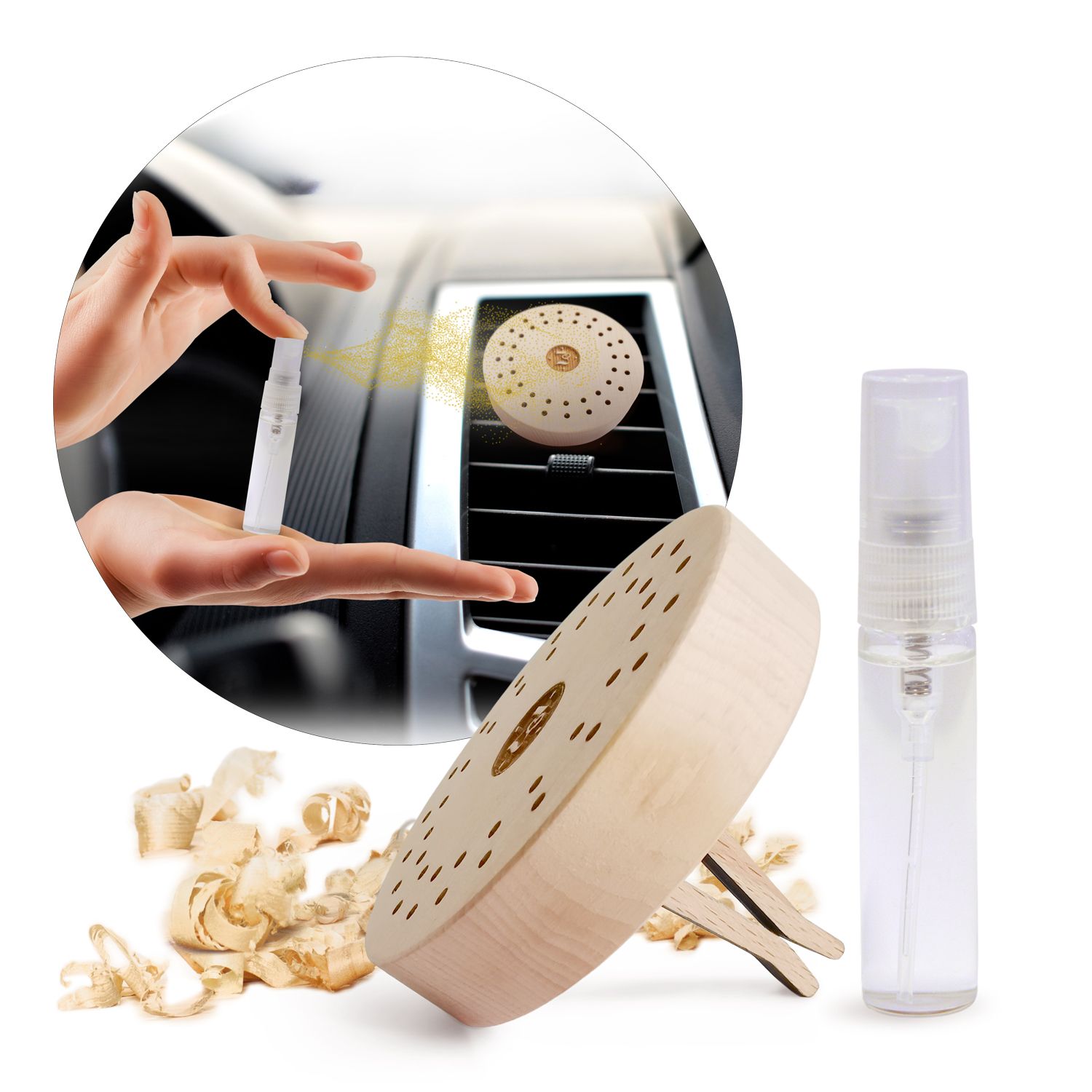 Runder Holzduftspender mit Löchern, Sprühflasche und Holzspänen. Im Auto montiert. Hand hält Sprühflasche.