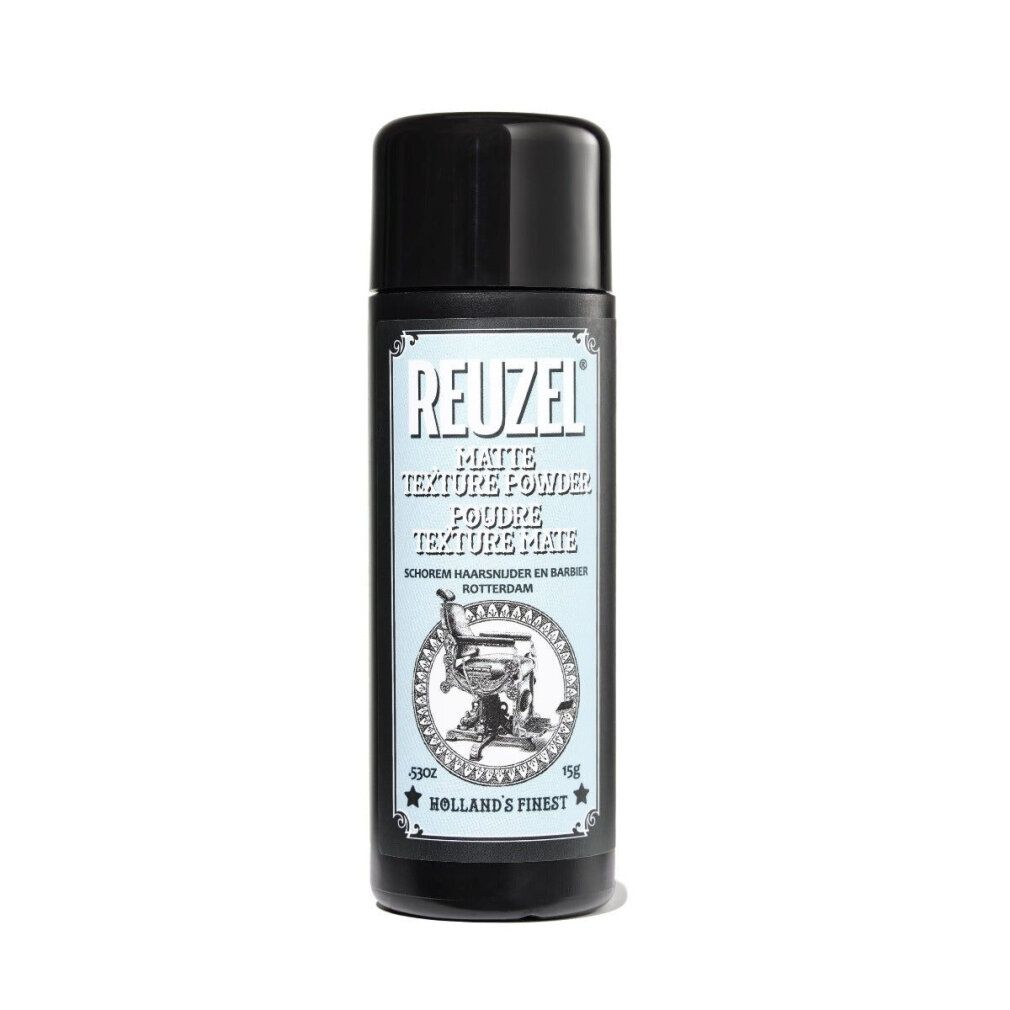 Reuzel Matte Texture Powder Flasche mit schwarzem Deckel und Etikett, das einen Friseurstuhl zeigt.