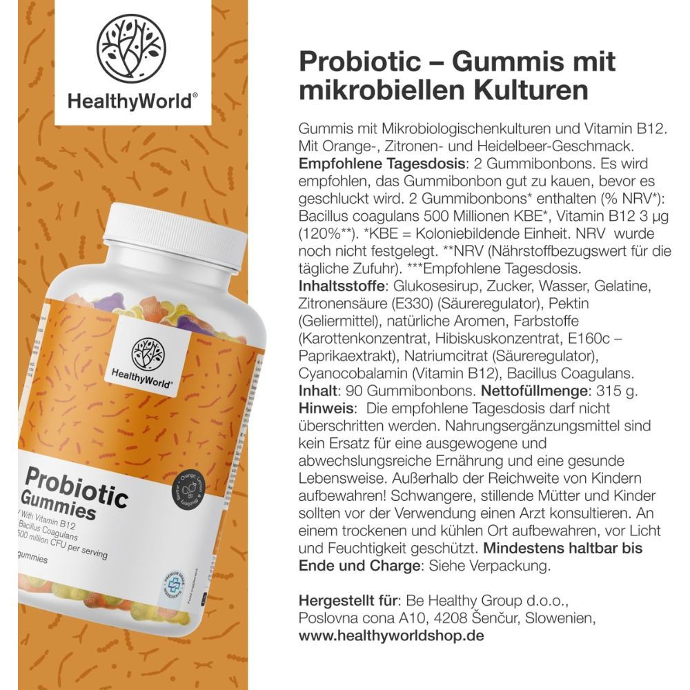 Flasche mit Produktetikett. Text: Probiotica - Gummis mit mikrobiellen Kulturen. 90 Gummibonbons. Inhaltsstoffe.