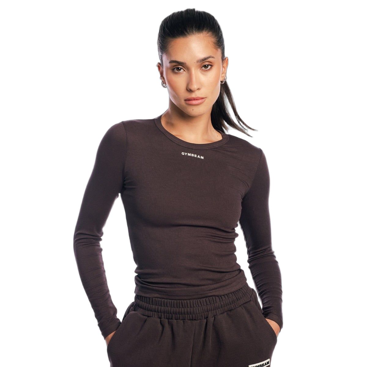 GymBeam Langarmshirt Damen slim mit rundem Ausschnitt Tee Brown 1 St