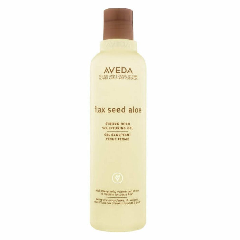 Aveda-Haargel. Flaschenförmig, gelblich mit braunem Deckel. Text: "flax seed aloe", "STRONG HOLD SCULPTURING GEL".