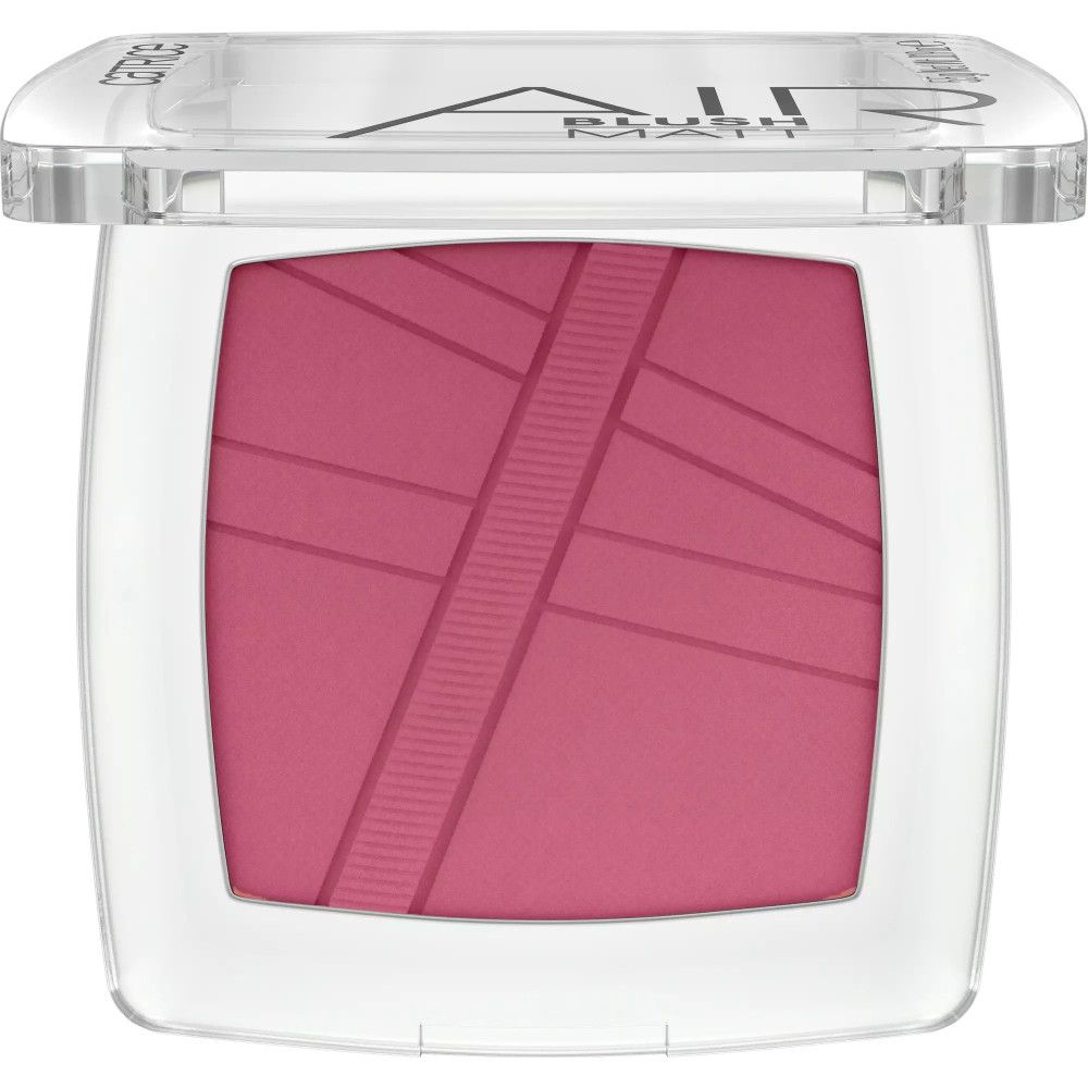 Catrice AirBlush Matte Puder in geöffneter, transparenter Verpackung. Rosa Puder mit diagonalen Linien. Marke und Produktname sichtbar.