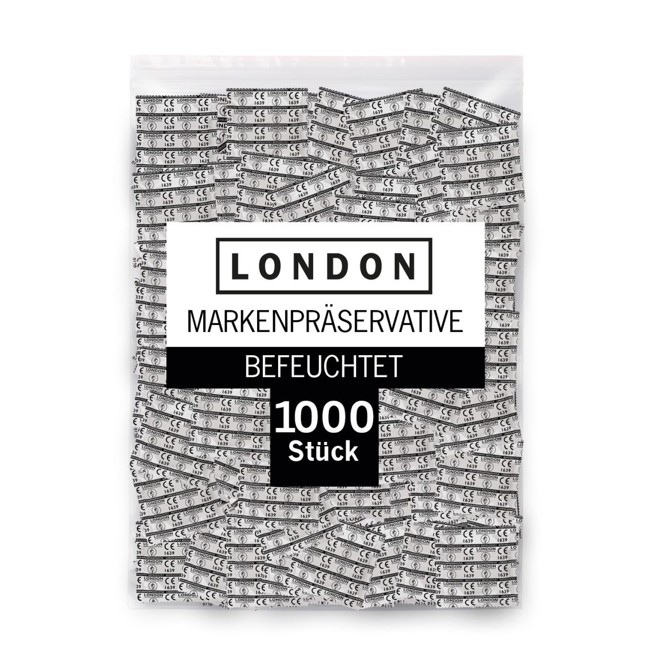 Beutel mit vielen Kondomen. Auf dem Beutel steht „LONDON“ und „1000 Stück“.