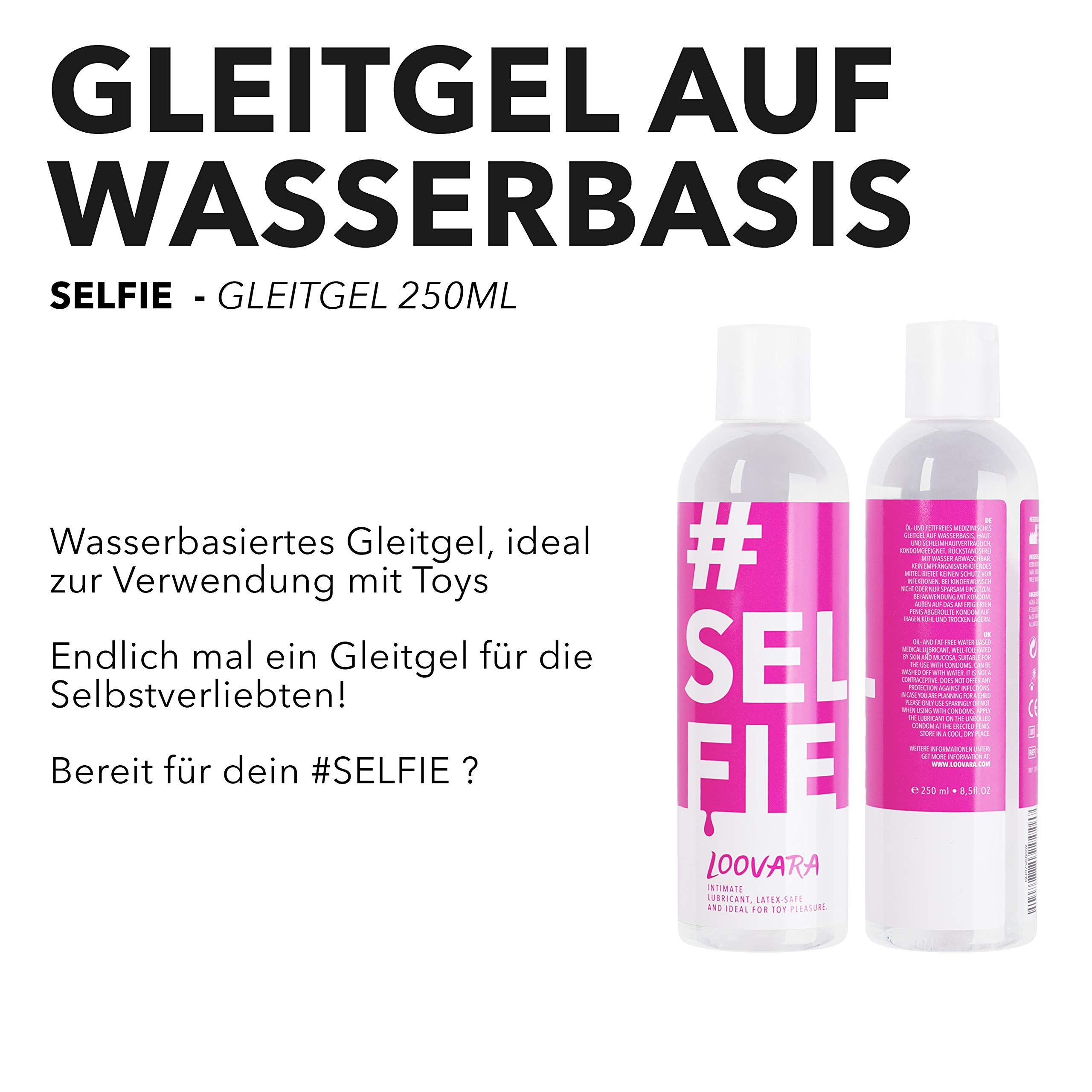 Zwei Flaschen LOOVARA Gleitgel SELFIE, eine mit pinkem Etikett, die andere mit weißem Etikett.