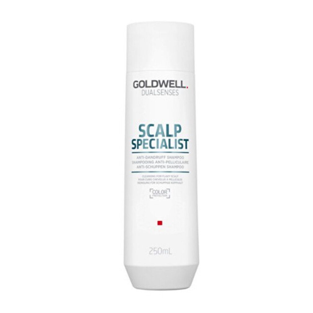 Weiße Shampoo-Flasche mit Goldwell-Logo und Produktbezeichnung. Text: Anti-Schuppen Shampoo. 250 ml.
