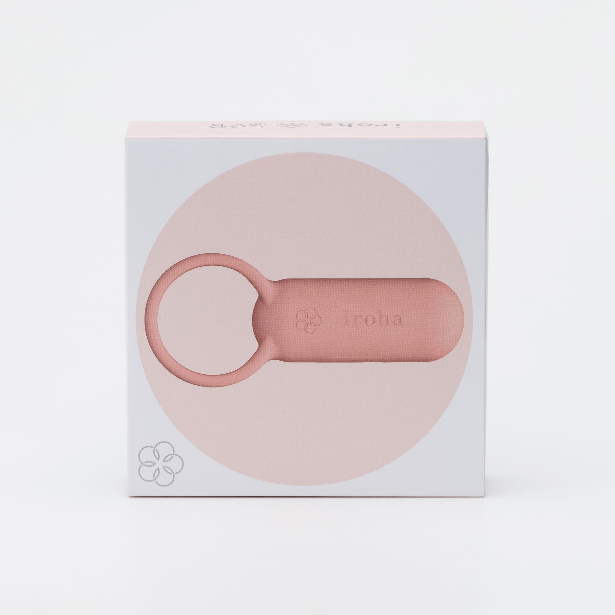 Verpackung des Paarvibrators. Weißer Karton mit rosa Kreis. Produkt sichtbar. Marke iroha.