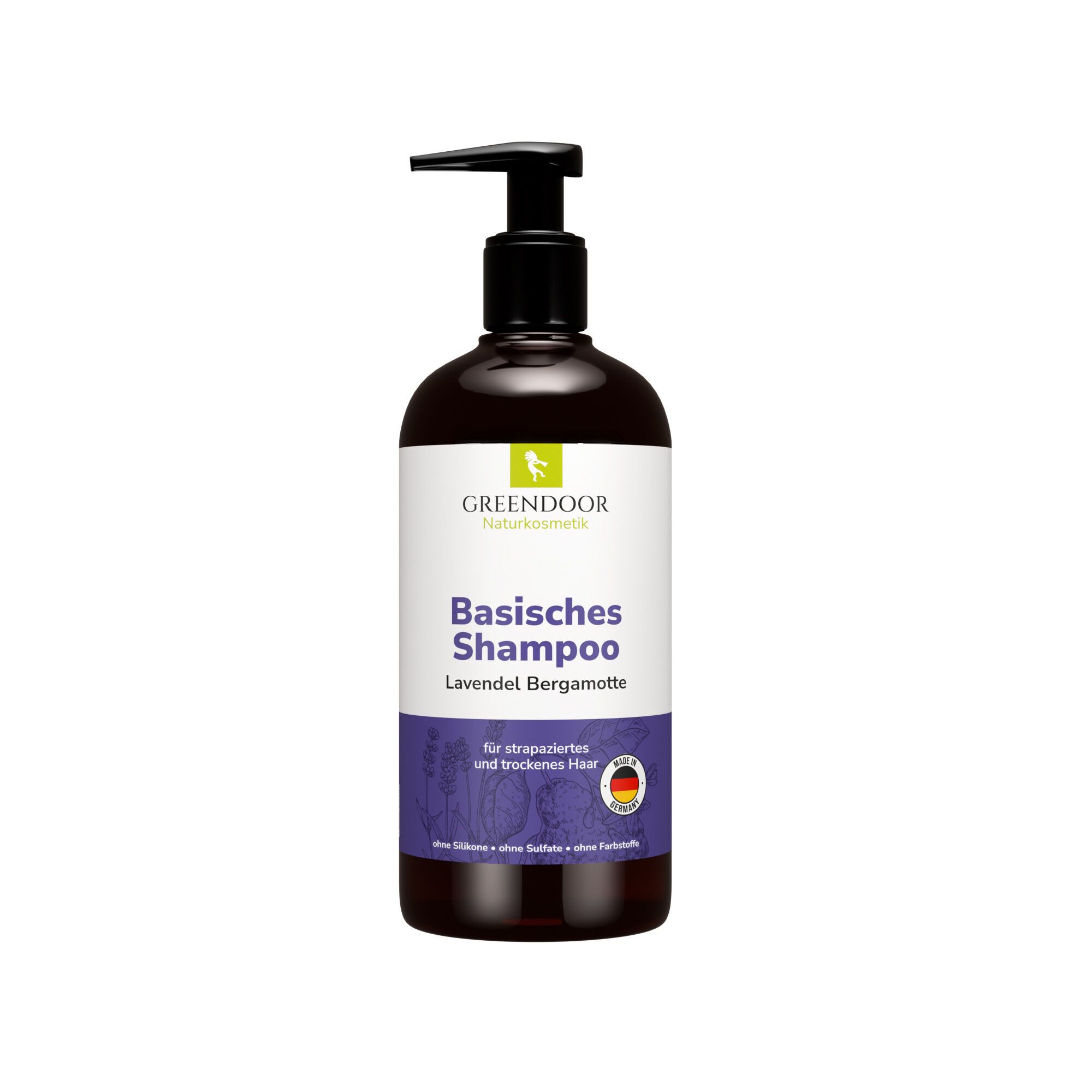 GREENDOOR Basisches Shampoo Lavendel Bergamotte in dunkler Pumpflasche für strapaziertes Haar.