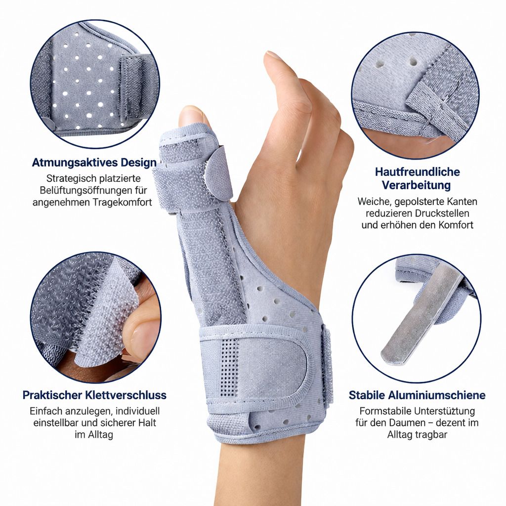 Graue Handgelenk- und Daumenbandage. Details: atmungsaktives Design, Klettverschluss, Aluminium-Schiene, hautfreundliche Verarbeitung. Hand in Bandage.