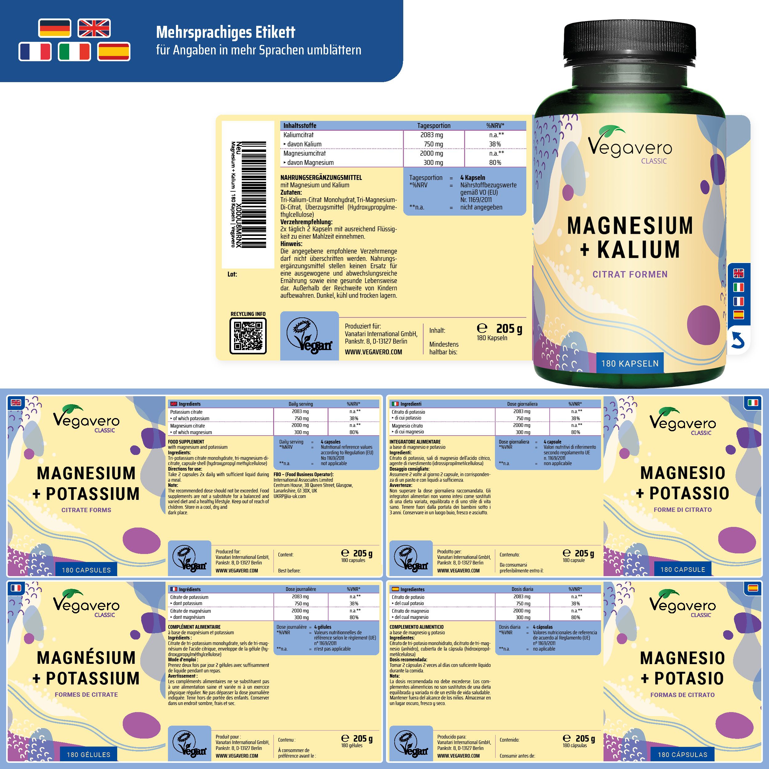 Mehrsprachiges Etikett mit Informationen. Flasche mit Magnesium + Kalium. Mehrere Etiketten mit Informationen in verschiedenen Sprachen.